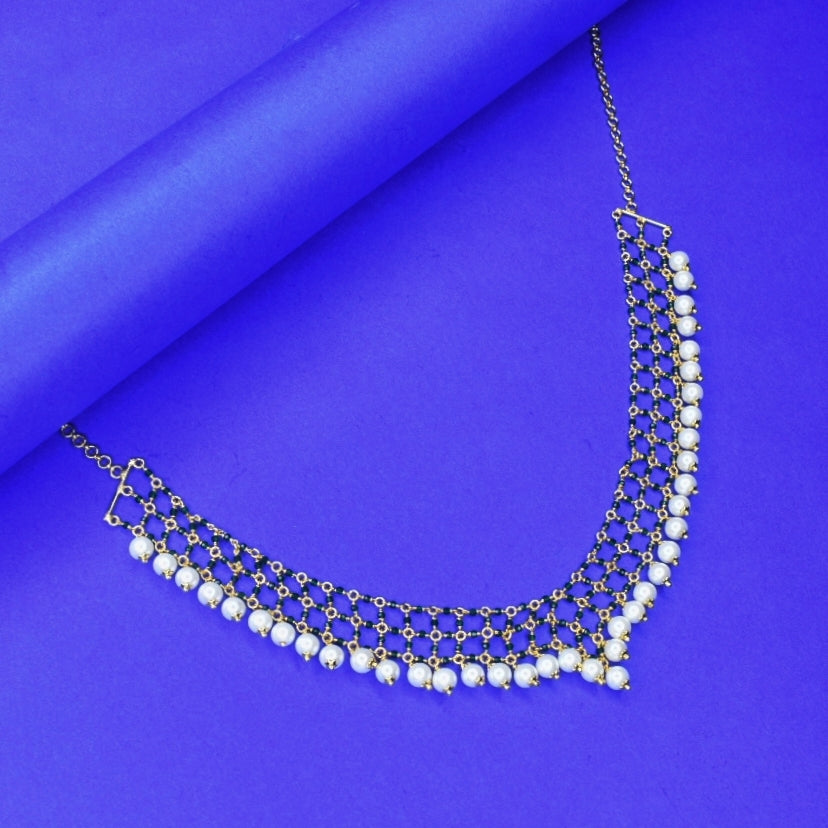 Handcrafted 24K Gold Plated Jali Work Necklace with Green Onyx & Pearls