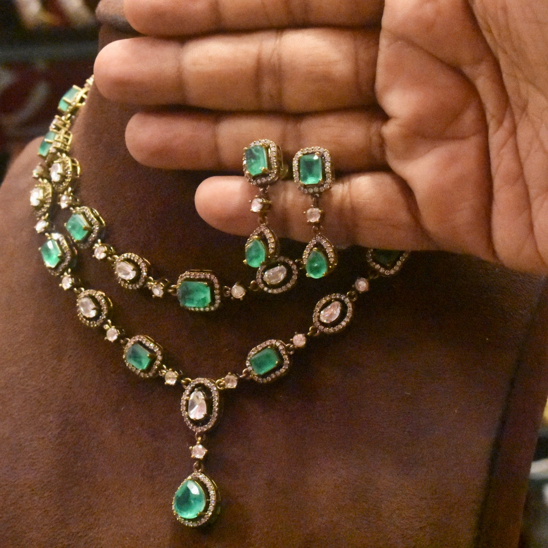 Asp  Victorian Green Emeralds Polki Kundan Necklace Set