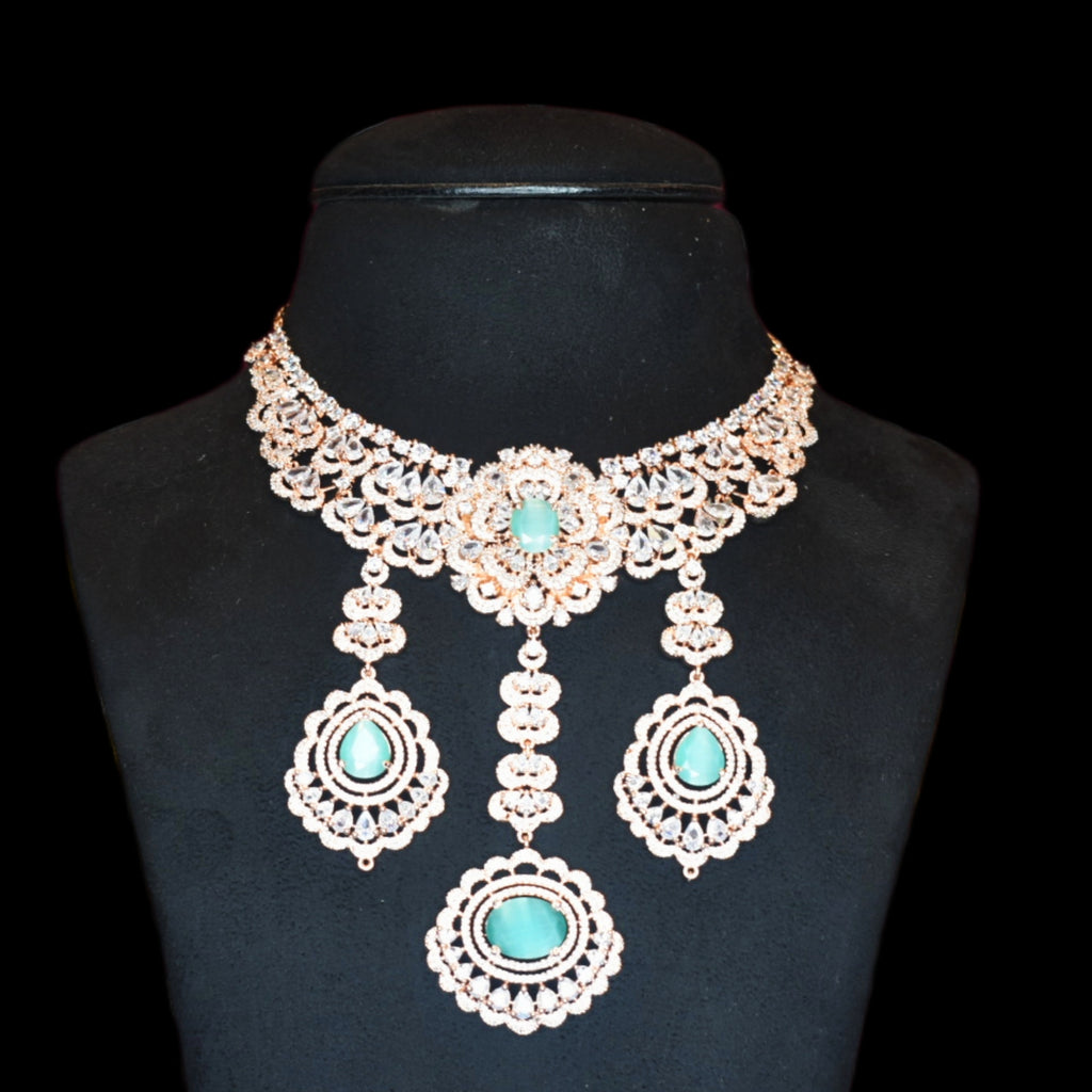 Regal Rose Gold American Diamond Necklace Set with Pearls - Bridal Choker
