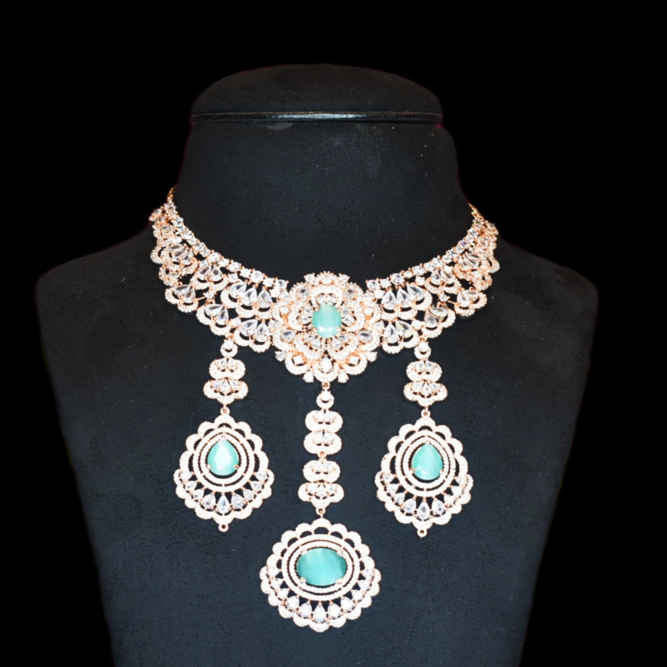 Regal Rose Gold American Diamond Necklace Set with Pearls - Bridal Choker
