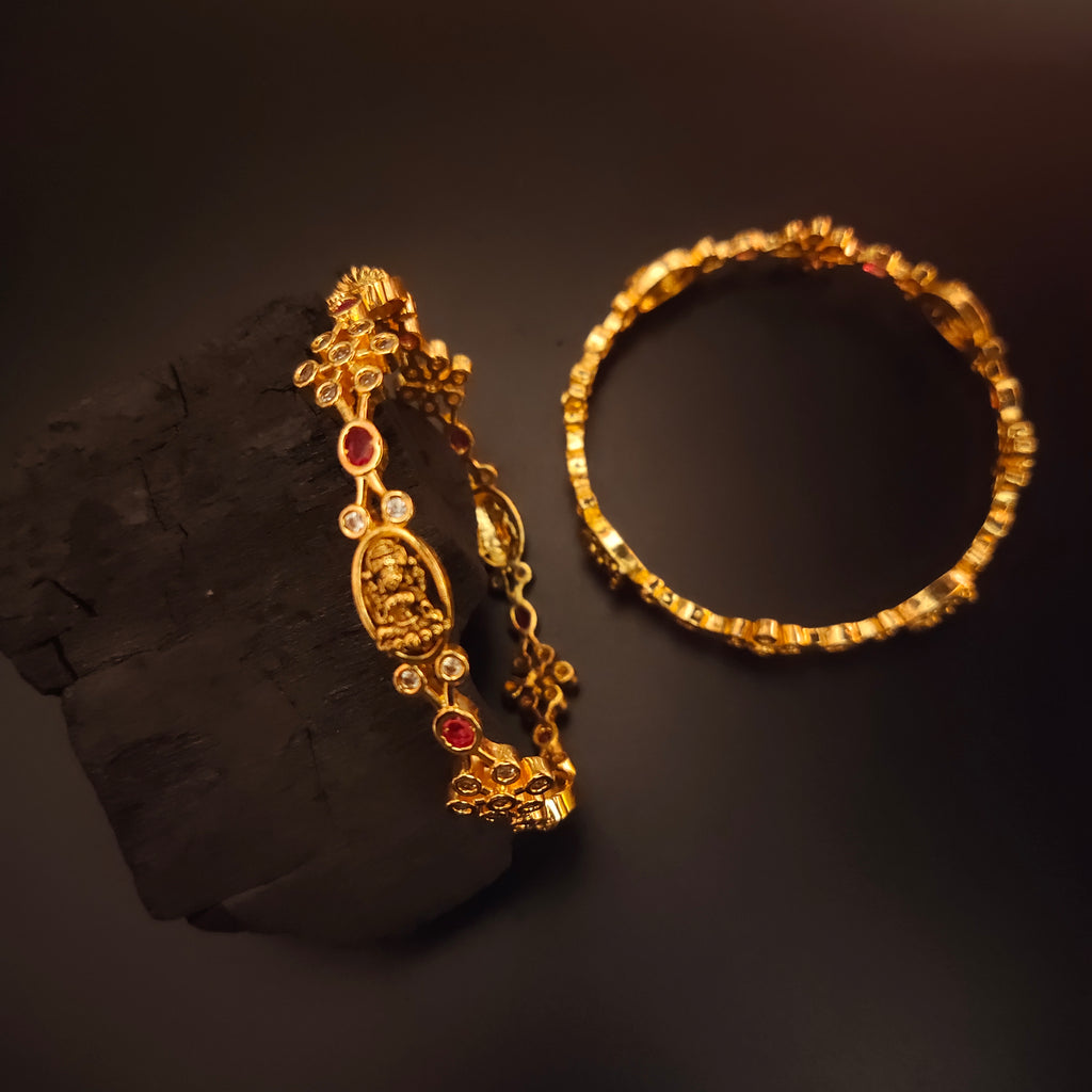 Nagas CZ Bangles with Lakshmi Motifs - Antique Gold Plated Jewelry