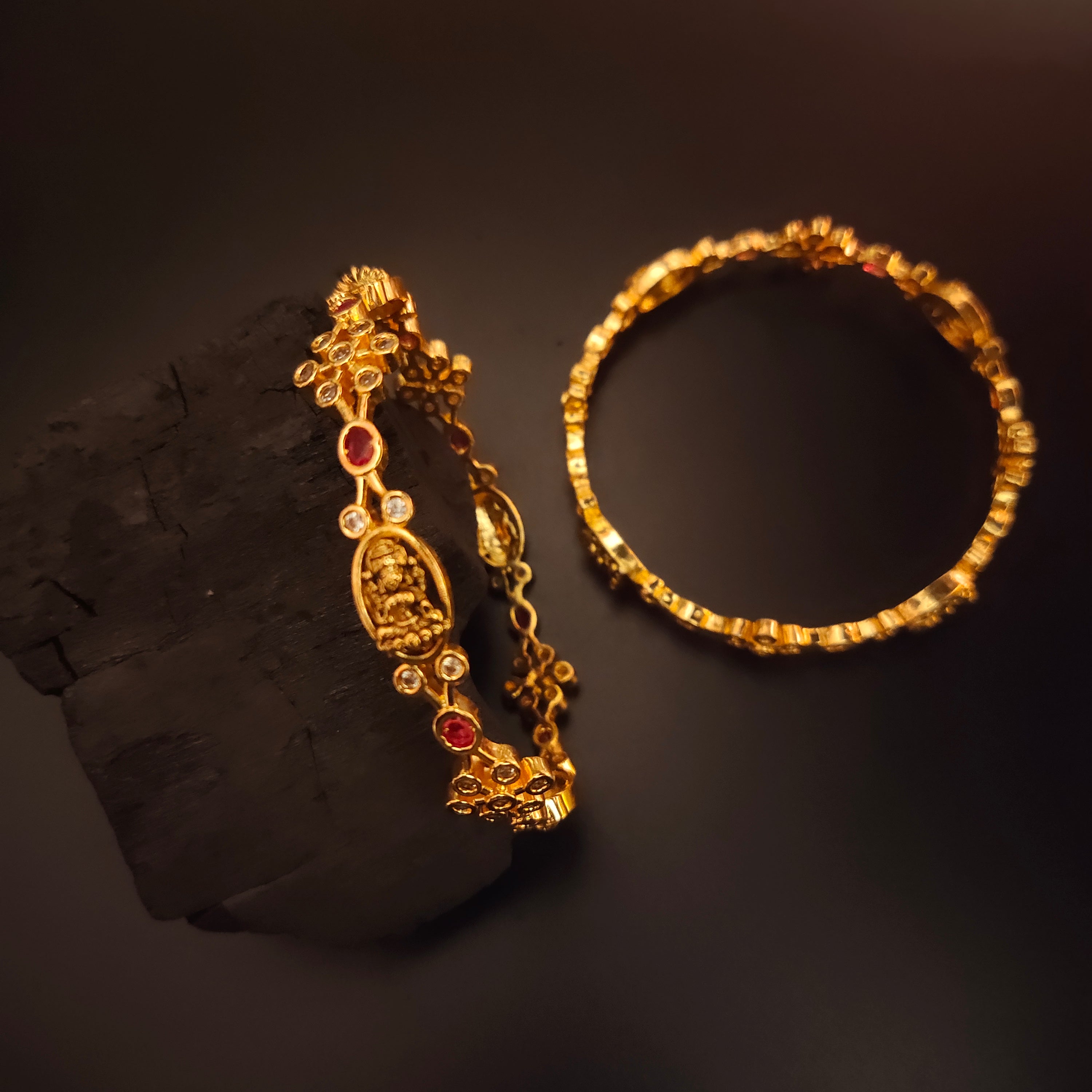 Nagas CZ Bangles with Lakshmi Motifs - Antique Gold Plated Jewelry