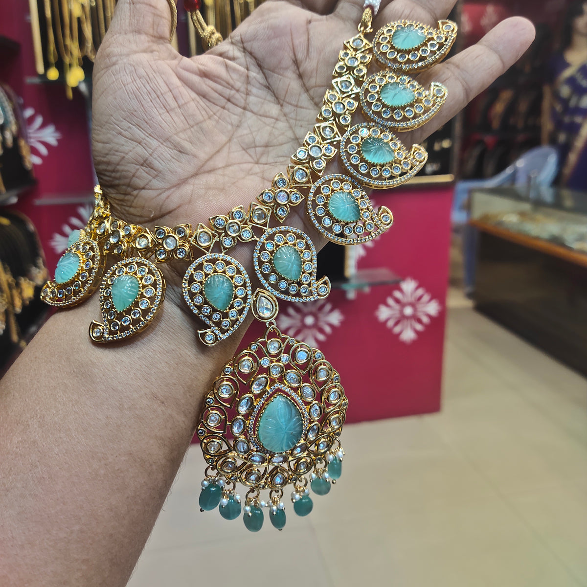 Pastel Green Kundan Mango Necklace - Traditional Indian Jewelry Set