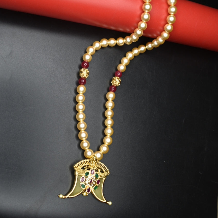 "Embrace Elegance: Navratna Puligoru Locket & Pearl Necklace for Men"