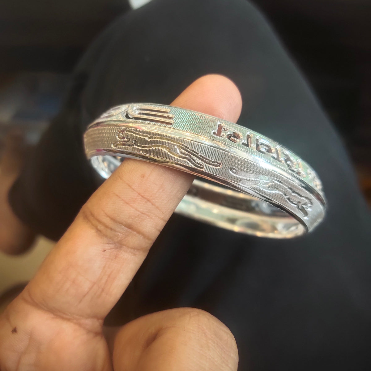 Men's Silver Kada - Om Namah Shivaya with Jaguar Design