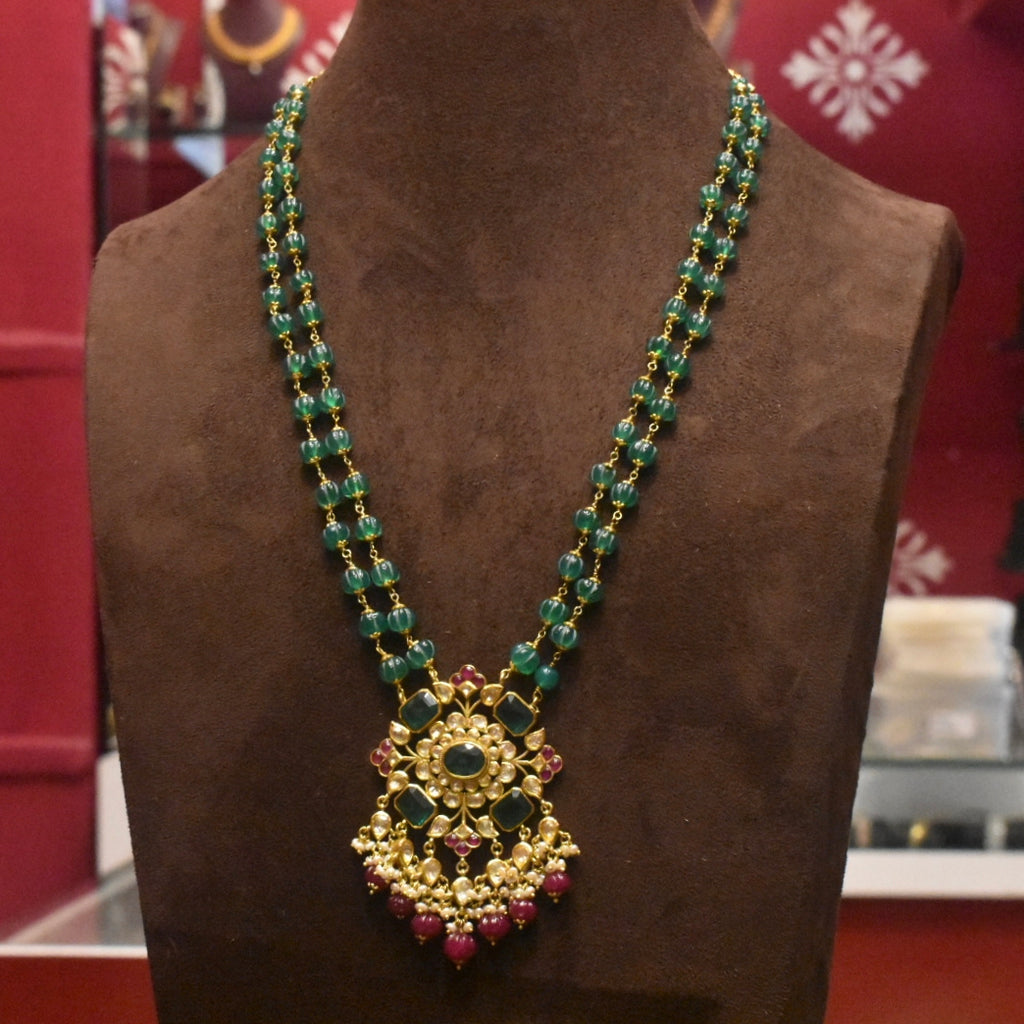 Asp Silver Jadau Kundan Pendant With Emeralds Beaded Necklace