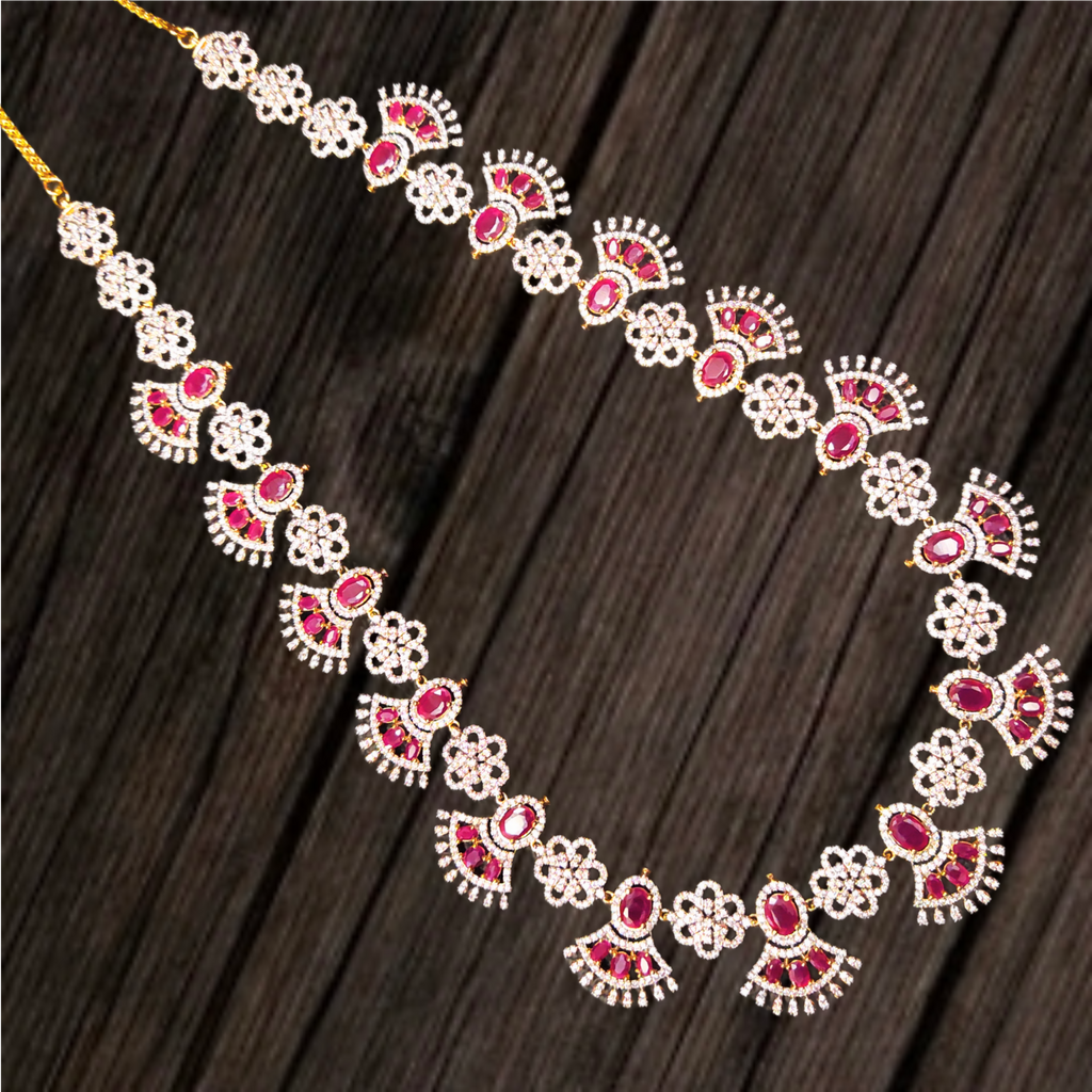 CZ Diamond & Ruby Fan Motif Long Haram Necklace Set | 24K Gold Plated Bridal Jewelry with Earrings