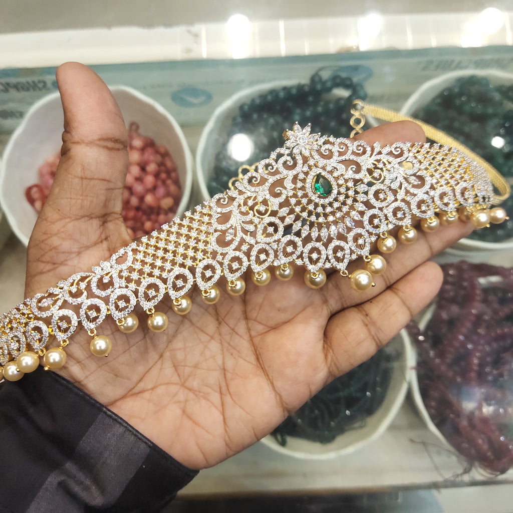 Green Zircon Rhodium-Gold Double Tone Plated Vaddanam Waist Chain