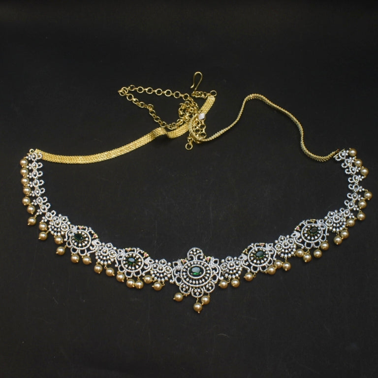 Zircon Rhodium-Gold Double Tone Diamond Look Chain Vaddanam for Bride