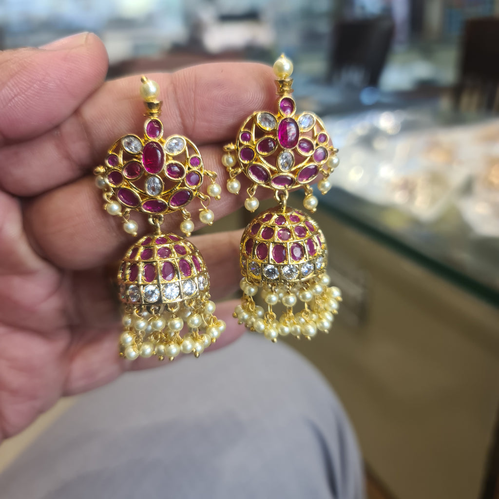 Kempu Ruby CZ Chandbali Jhumka | Polki Diamond Top, Pearl Drops | Push Back