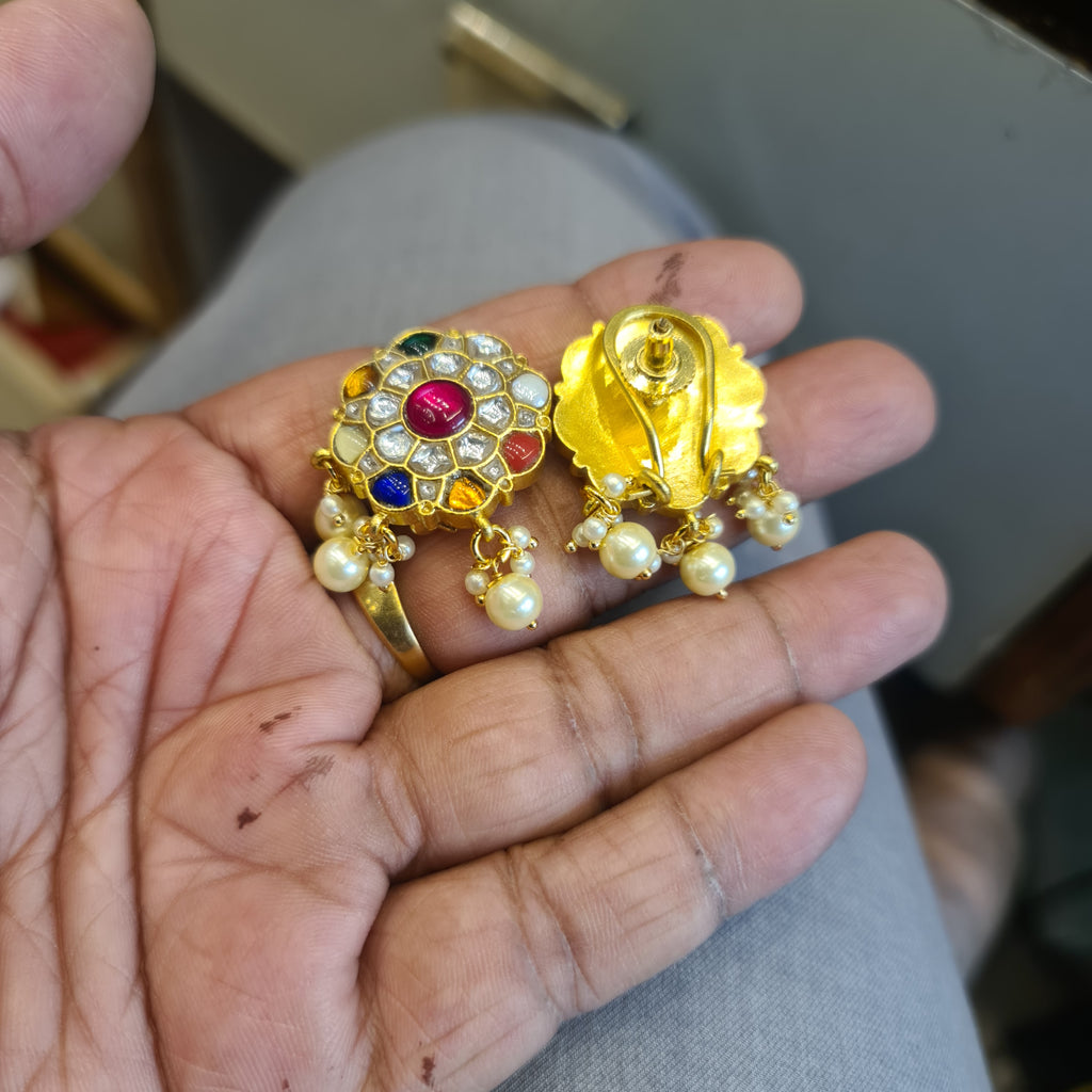 Navratna Jadau Kundan Stud Earrings - Multicolour Gemstone with Pearl Drops