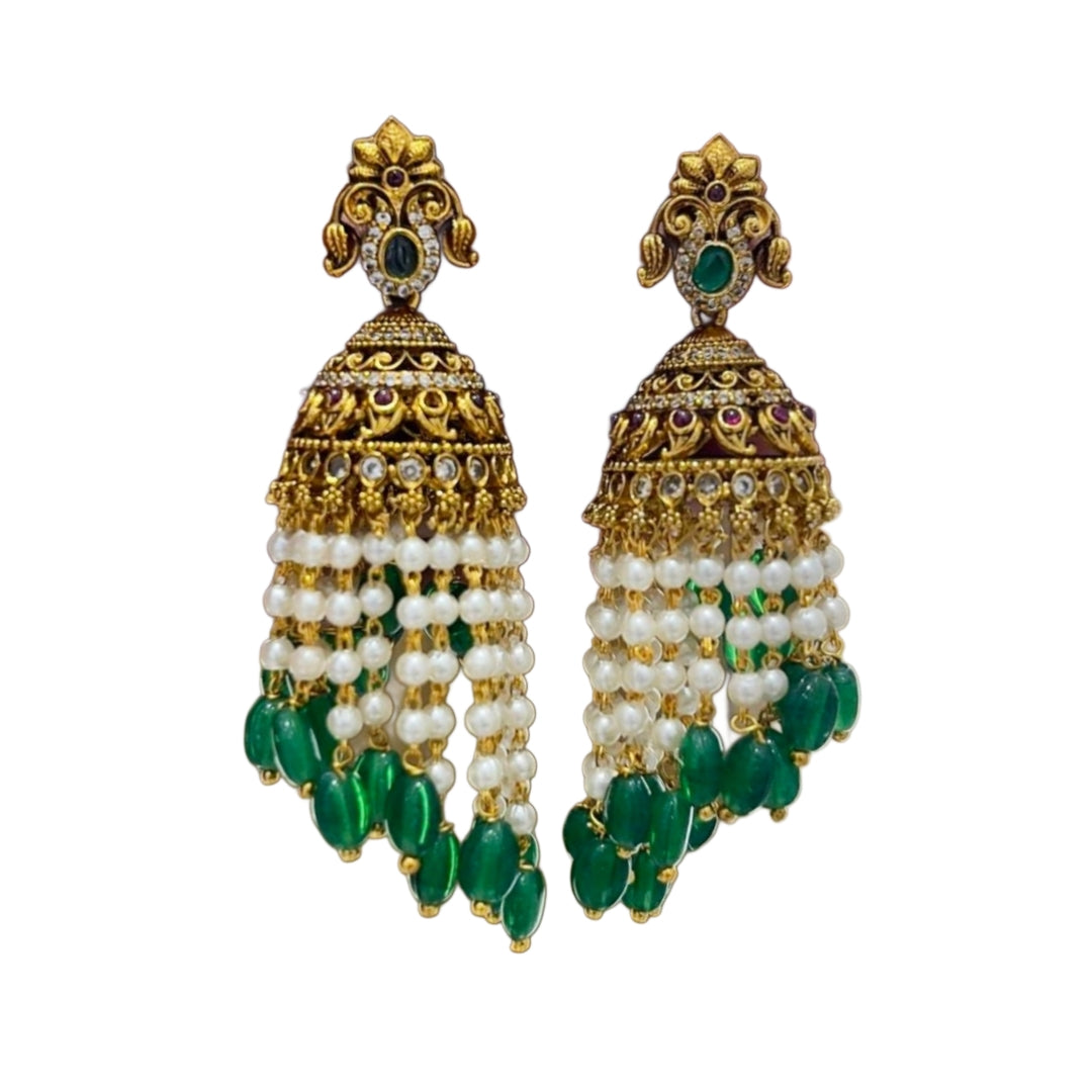 Antique Jhumka Earrings with Pearls & Emerald Beads | 7cm Long Traditional Jewellery