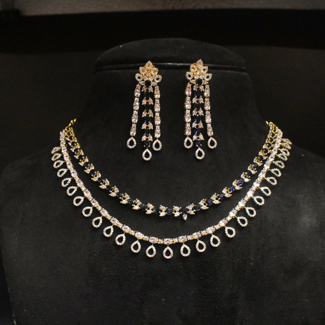 Two Layer Zircon Necklace Set - Two Tone Gold-Rhodium Polish