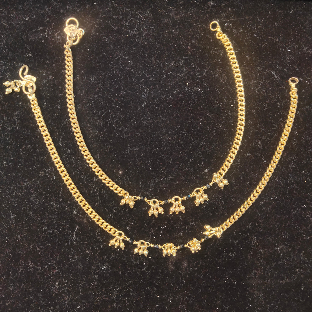 Panchaloha Gold Anklet with Pearl & Black Bead Charms | 10 Inch Payal
