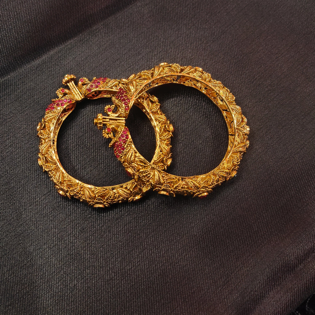 Antique Peacock Kanknalu Bangles - Nakashi Work Gold Plated Openable Bangles for Women
