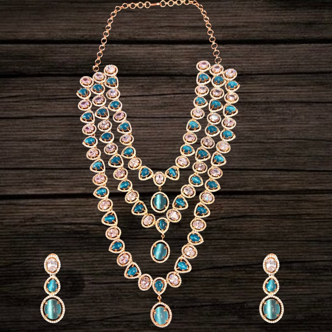 Sky Blue Rose Gold American Diamond Layered Necklace - 24 Inch Wedding Jewelry