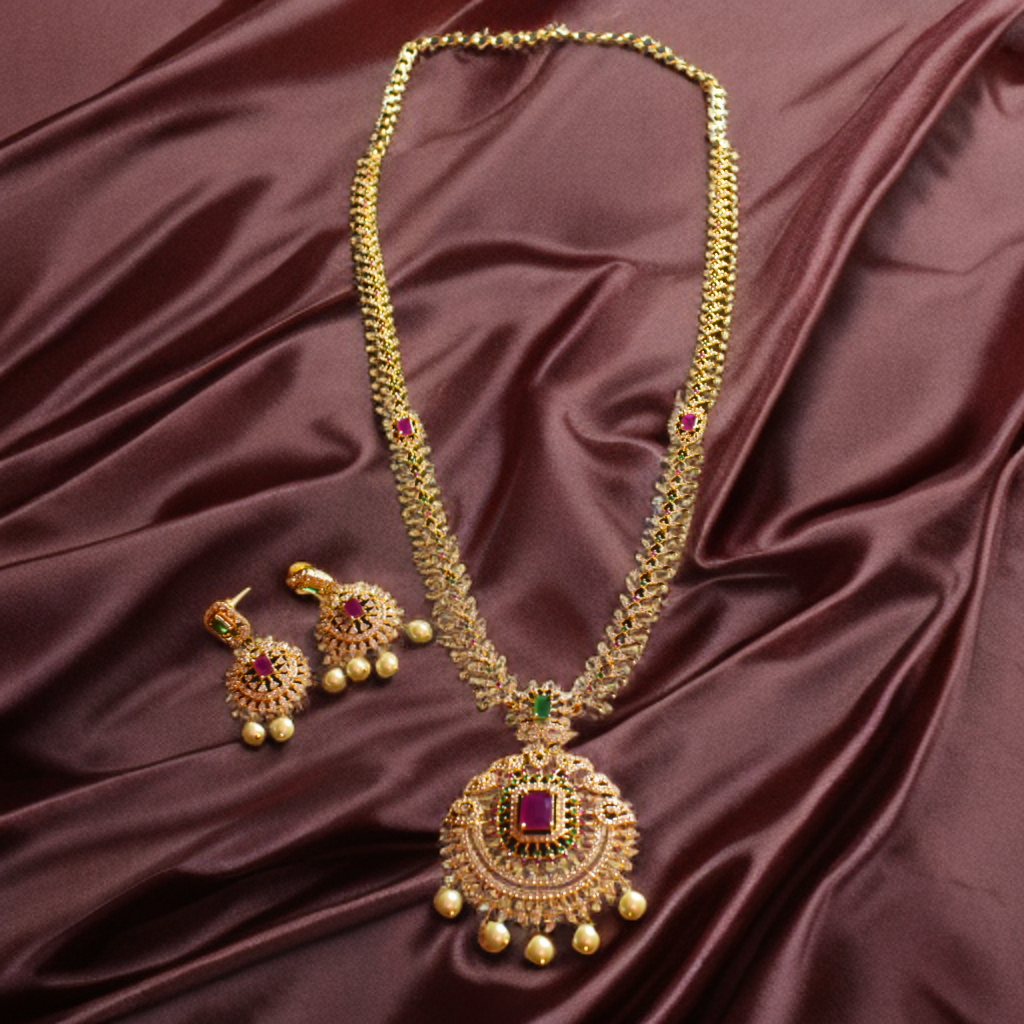 CZ Gold Plated Long Necklace Set - Premium American Diamond Bridal Jewelry