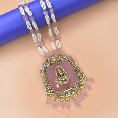 "Vintage Elegance: Pink Victorian Balaji Pendant Set with Beads Necklace & Earrings"