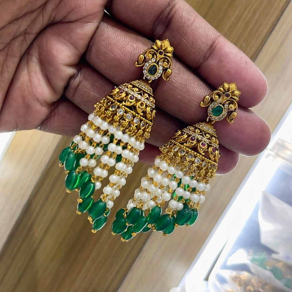 Antique Jhumka Earrings with Pearls & Emerald Beads | 7cm Long Traditional Jewellery