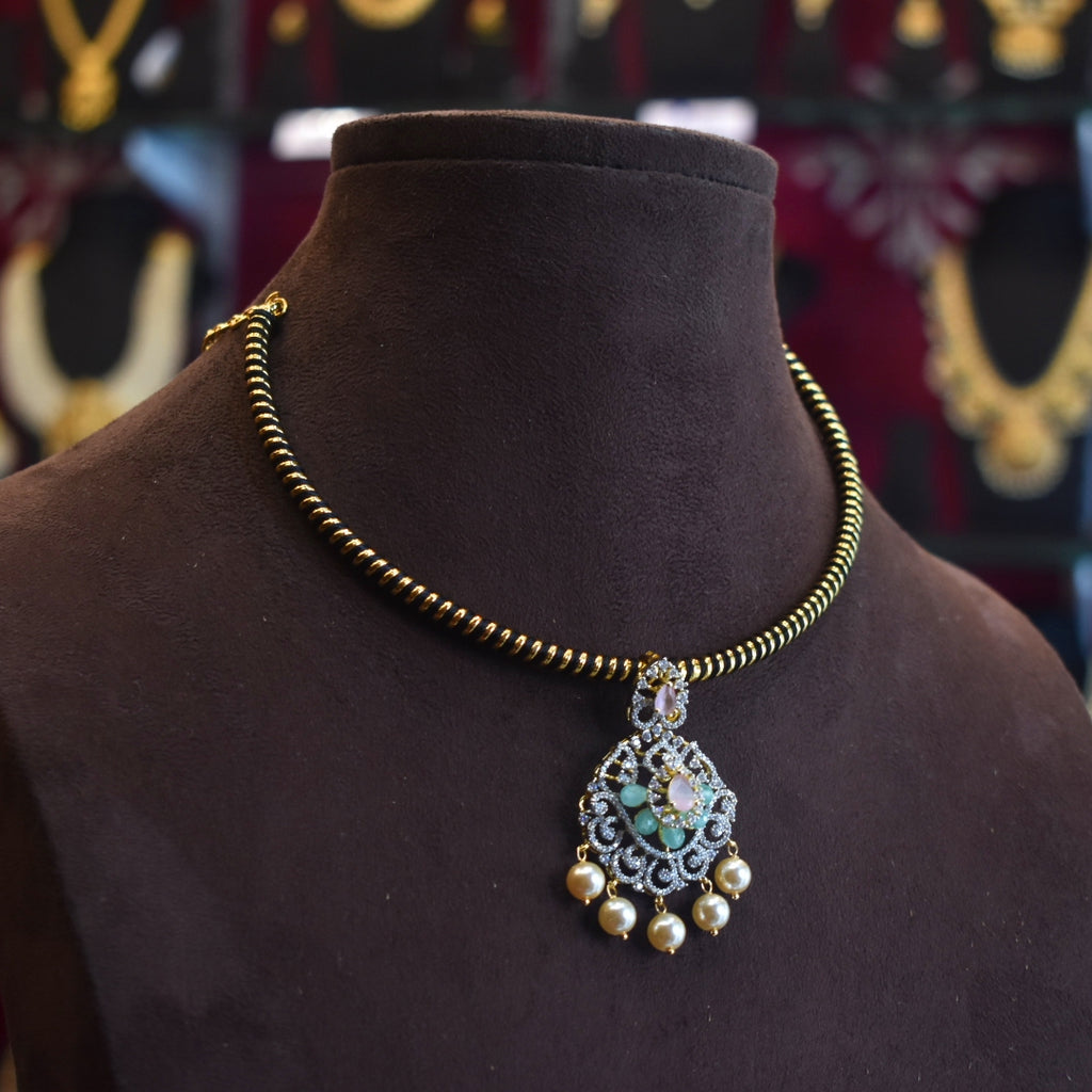 Zircon Black Thread Kanti Necklace Set | Rhodium Gold Plated Choker