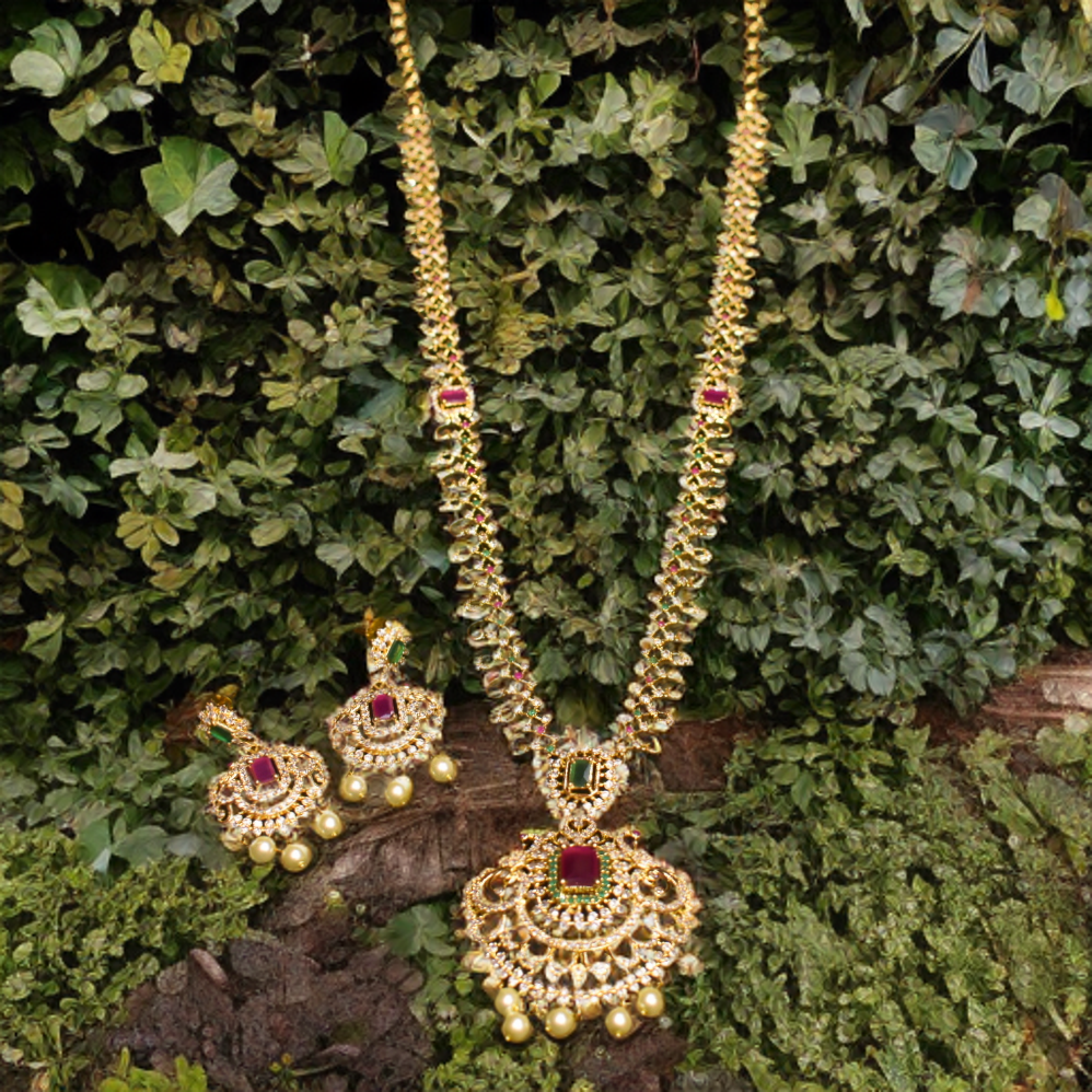 CZ Gold Plated Long Necklace Set - Exquisite Bridal Statement Jewelry