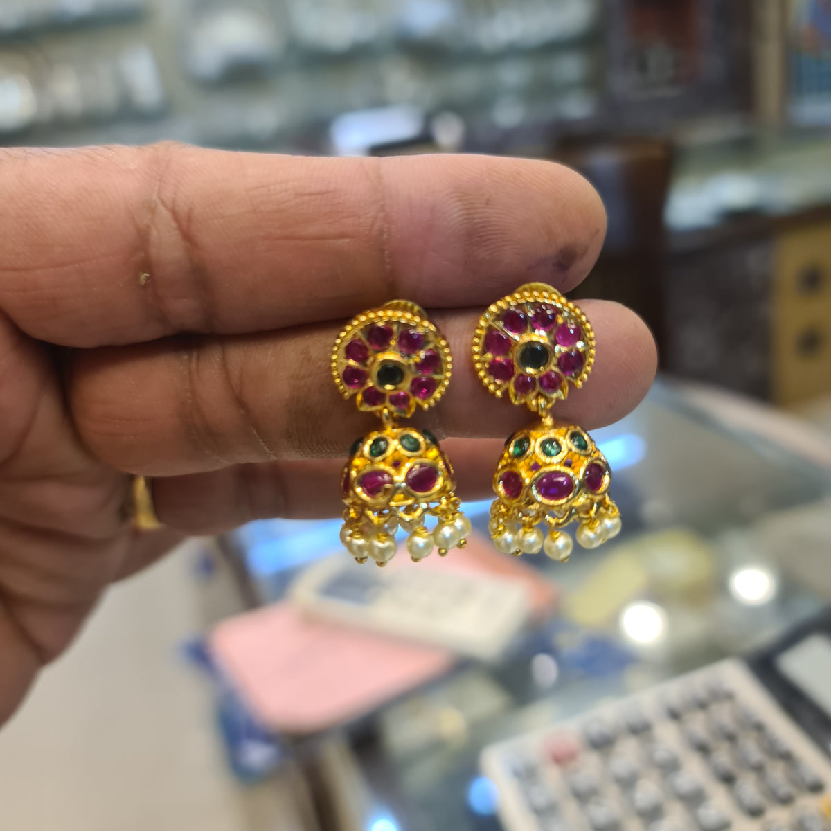 Kids Kempu Jhumki Earrings | Small Gold-Plated Temple Jewellery with Pearl Drops