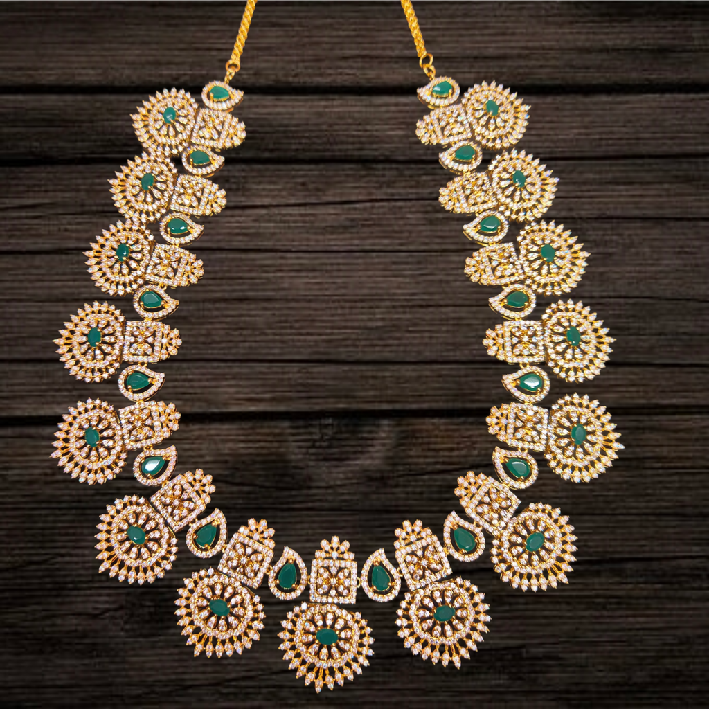 Bhaumi American Diamond Long Haram - Traditional Bridal Necklace Set