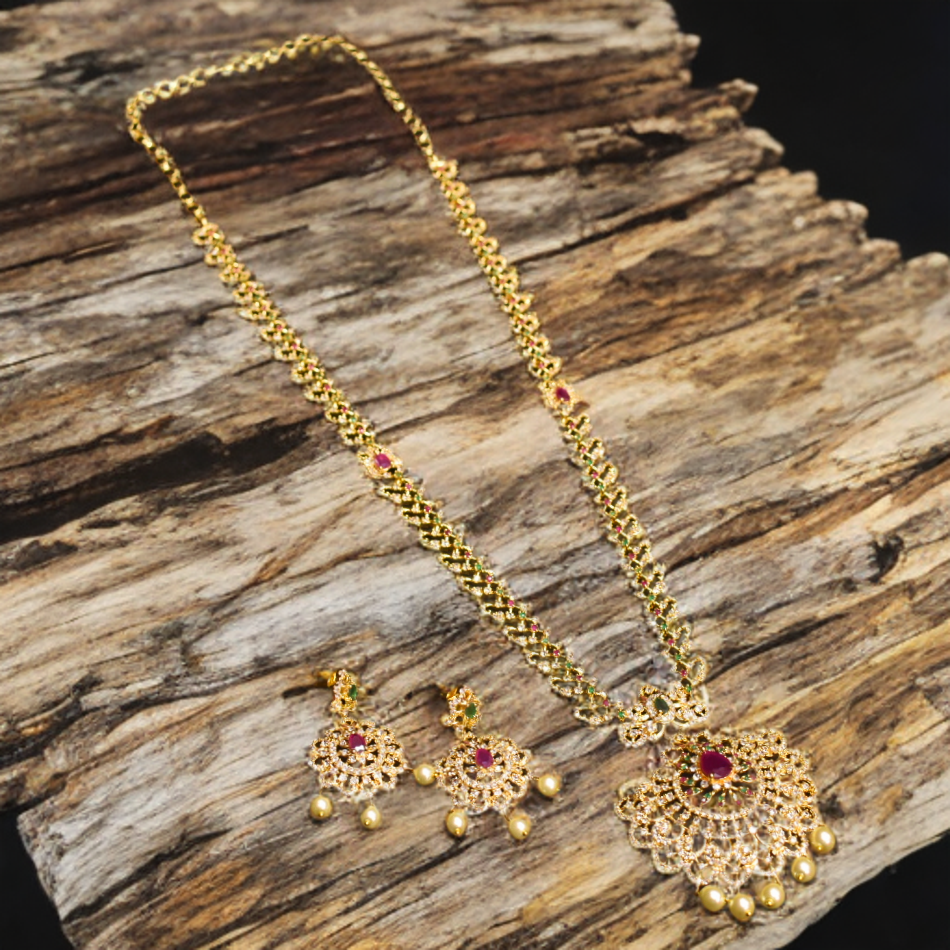 Asp Cz Gold Plated Long Necklace Set