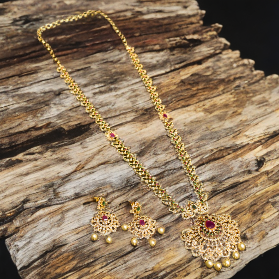 CZ Gold Plated Long Necklace Set - Timeless Elegant Bridal Jewelry