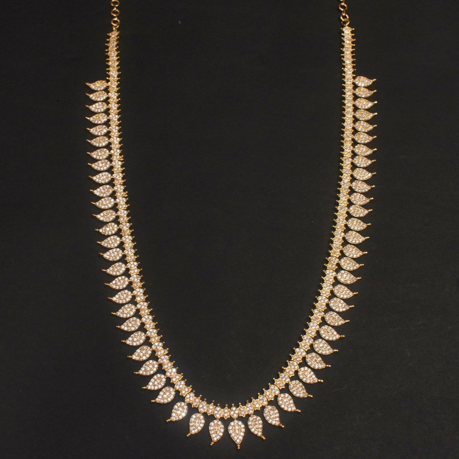 24K Gold Plated Zircon Long Necklace Set - South Indian Traditional Design