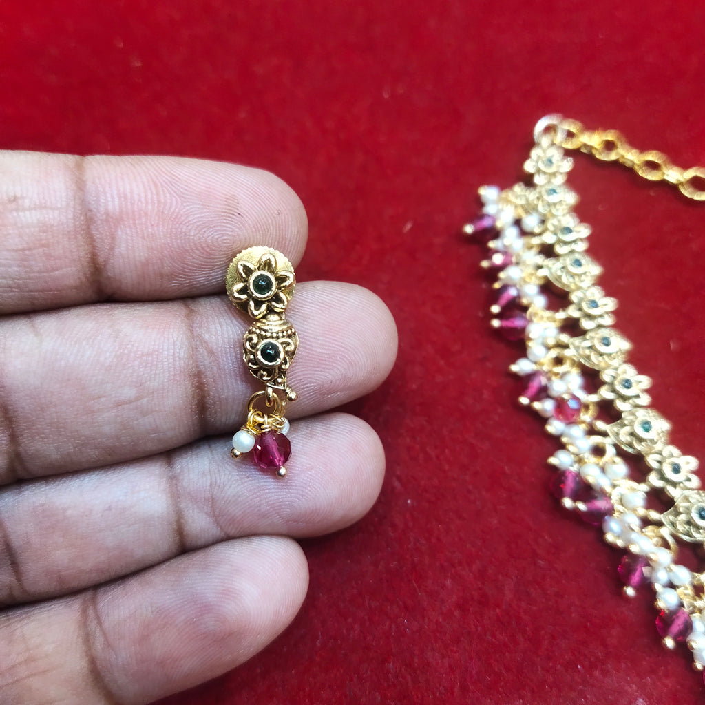 Antique Simple Necklace Set - Pink Beads with Pearl Hangings