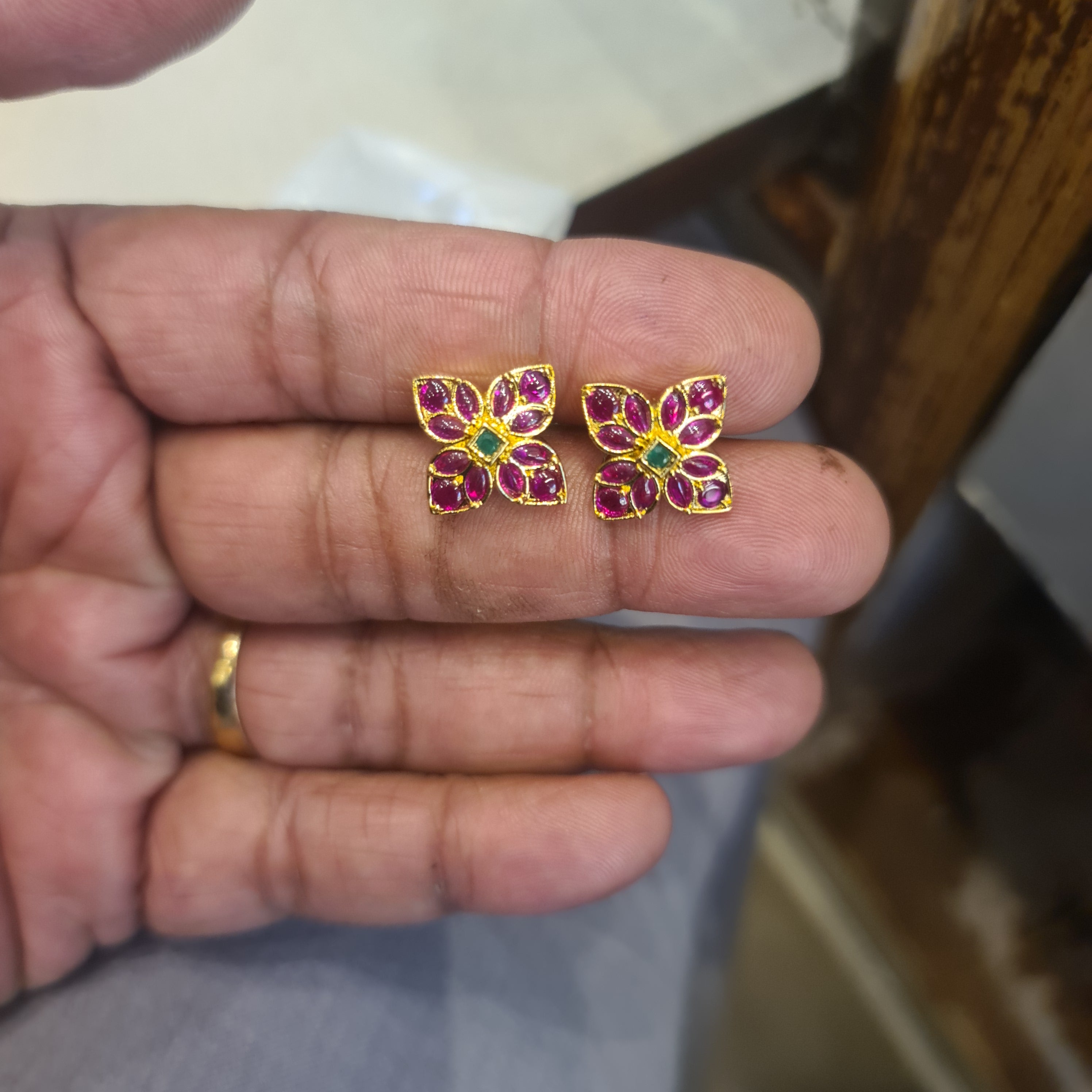 Ruby Kempu Butterfly Flower Studs | Marquise Ruby Petals, Emerald Center | Push Back