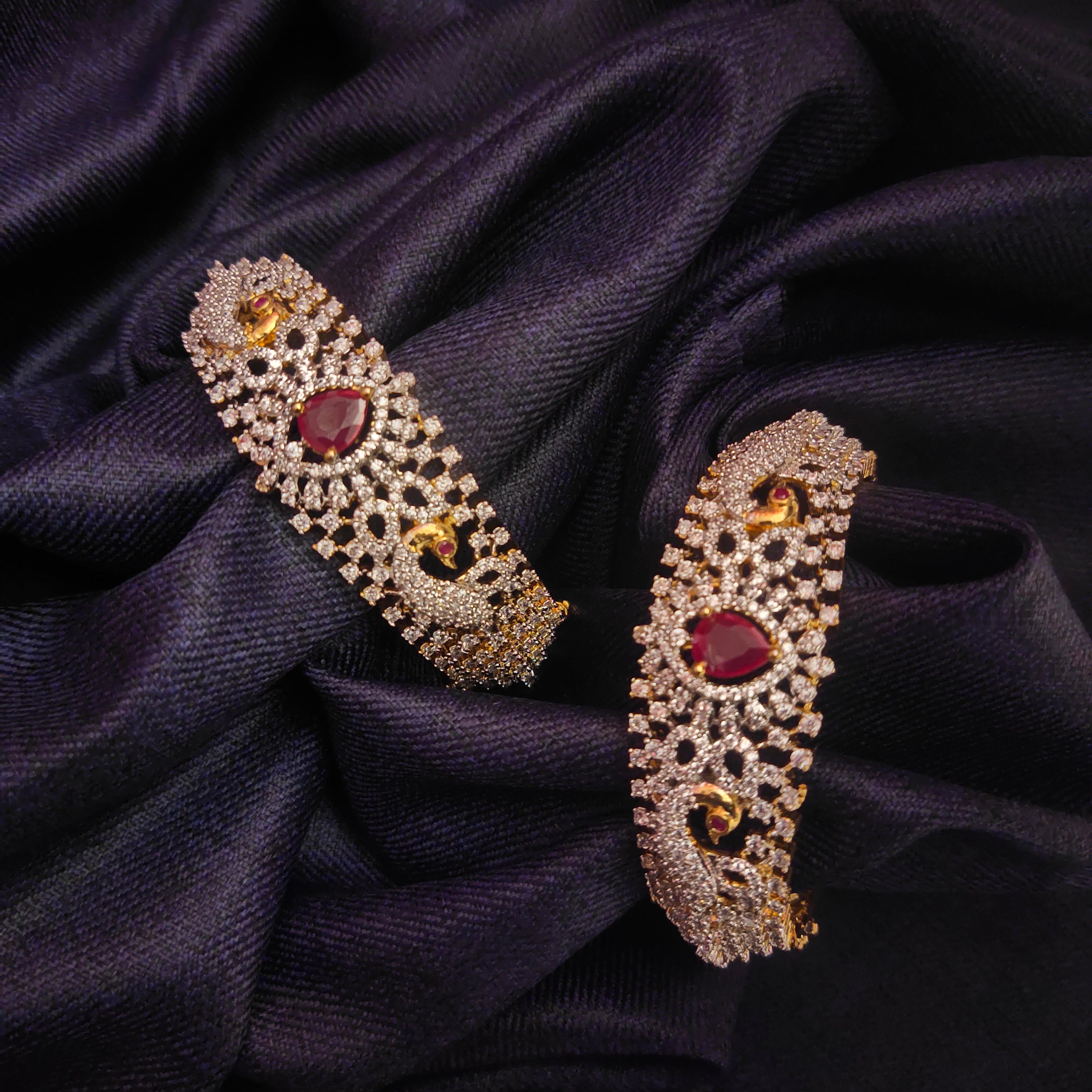 American Diamond Ruby Bangles - 24K Gold Plated Luxury Bangles Set