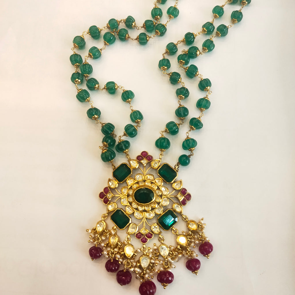 Asp Silver Jadau Kundan Pendant With Emeralds Beaded Necklace