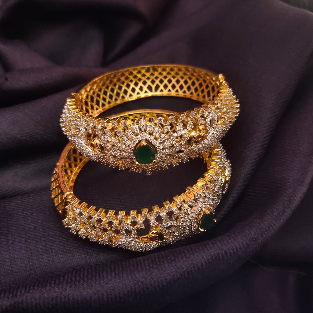 Zircon Emerald Bangles - Rhodium Gold Plated Openable Bangles Set