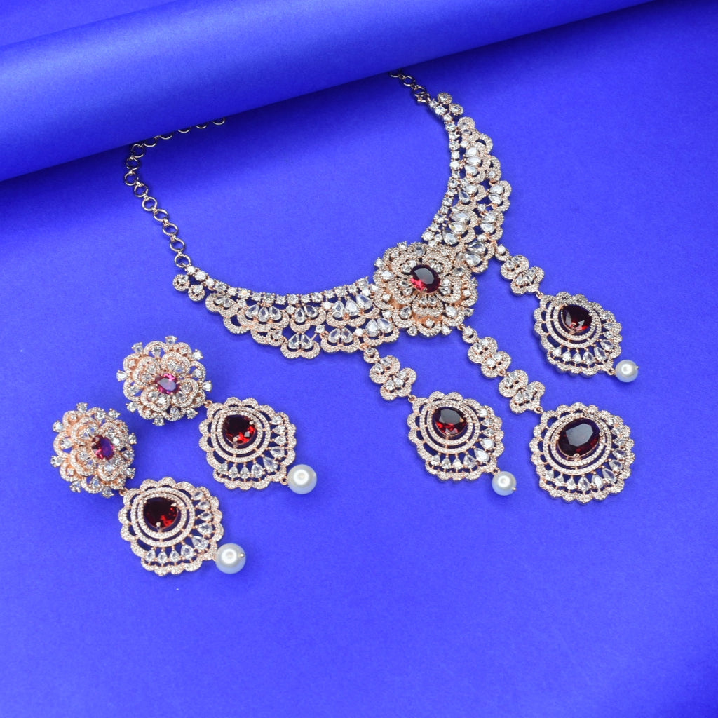 Regal Rose Gold American Diamond Necklace Set with Pearls - Bridal Choker