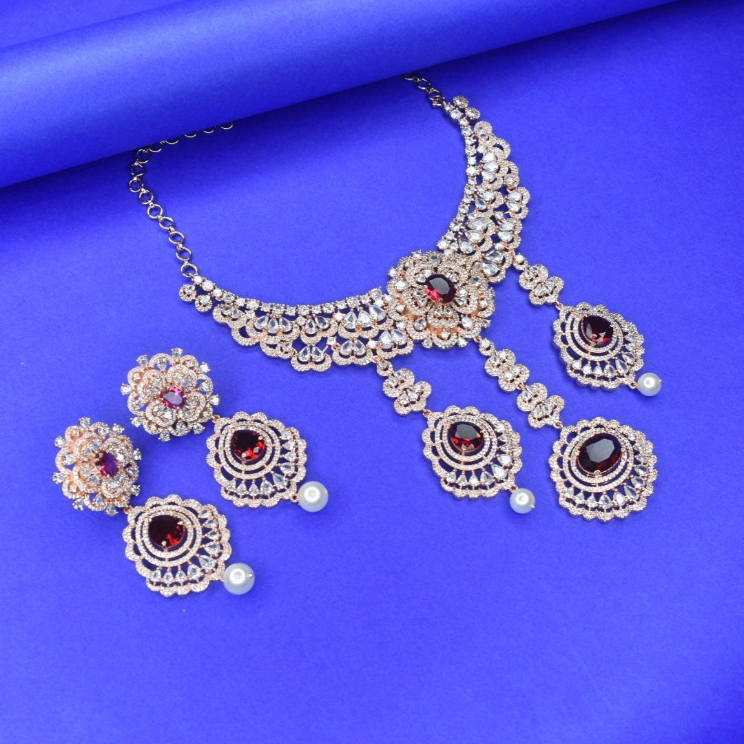 Regal Rose Gold American Diamond Necklace Set with Pearls - Bridal Choker