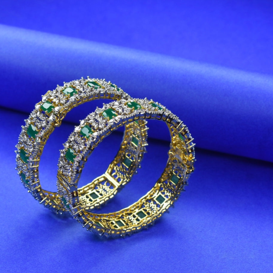 American Diamond Emerald Bangles - 24K Gold Plated Openable Bangles Set