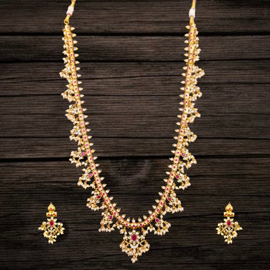 CZ Guttapusalu Necklace Set - 24K Gold Traditional South Indian Haram with Pearls