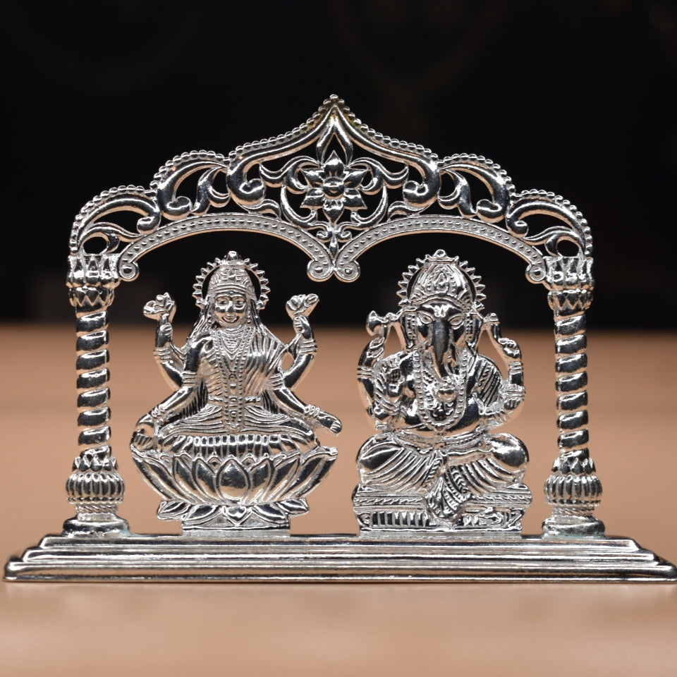 Pure Silver Lakshmi Ganesha Idol - Handcrafted Prosperity Statue