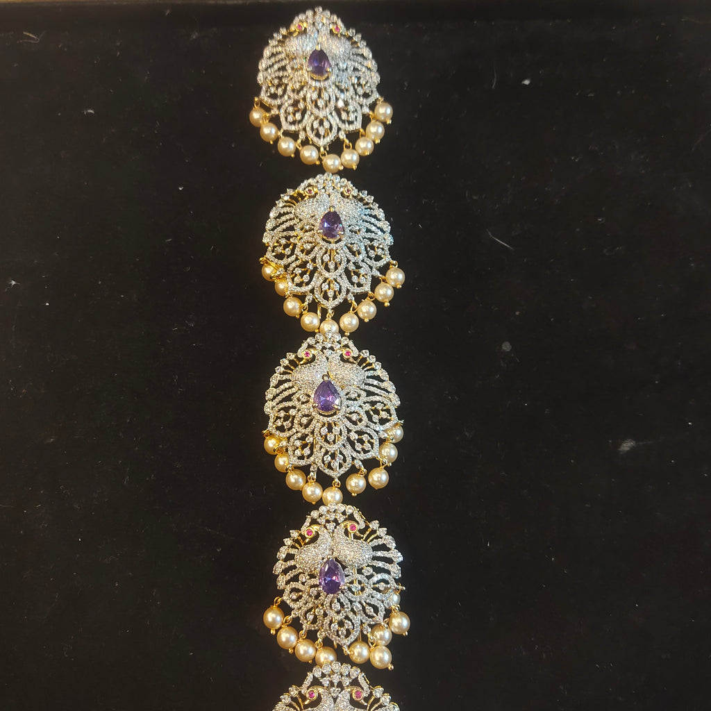 CZ Diamond Jada Billalu with Amethyst & Pearl Drops | Temple Jewelry Hair Chain