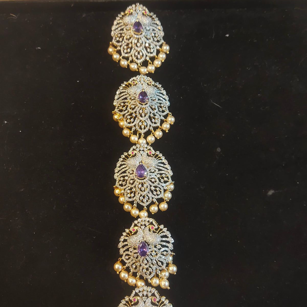 CZ Diamond Jada Billalu with Amethyst & Pearl Drops | Temple Jewelry Hair Chain