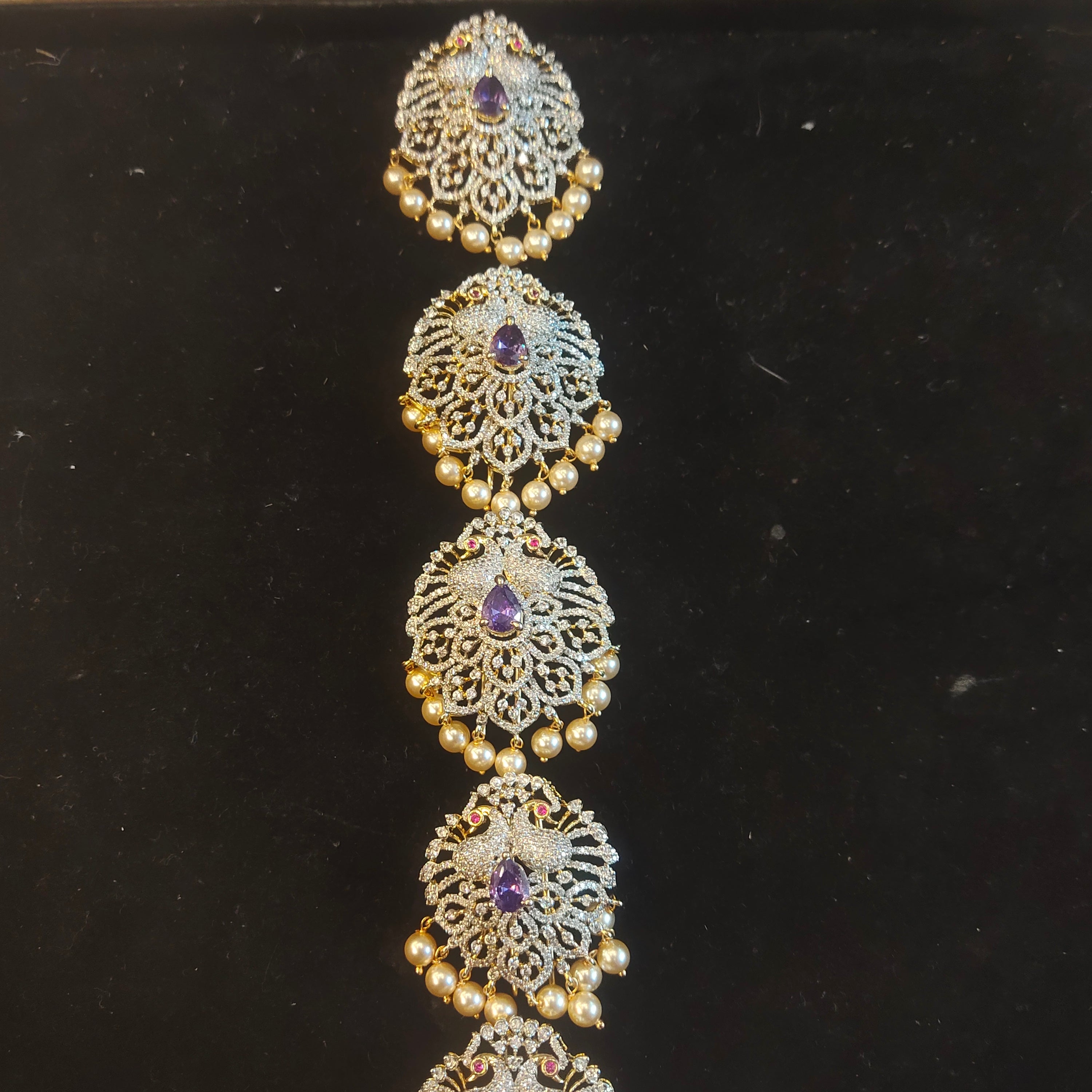 CZ Diamond Jada Billalu with Amethyst & Pearl Drops | Temple Jewelry Hair Chain