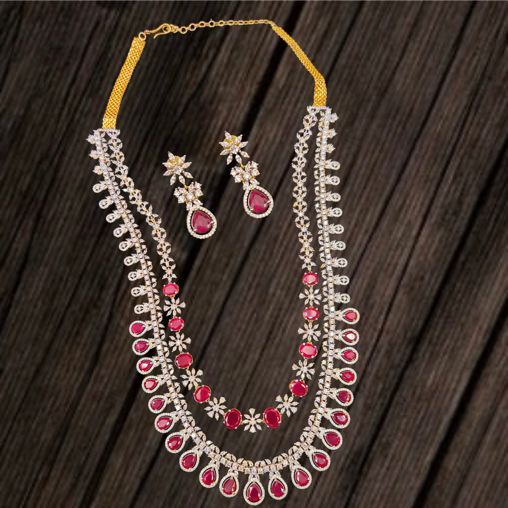 2-Layered CZ Diamond & Ruby Haram Necklace Set | 24K Gold Plated Bridal Jewelry