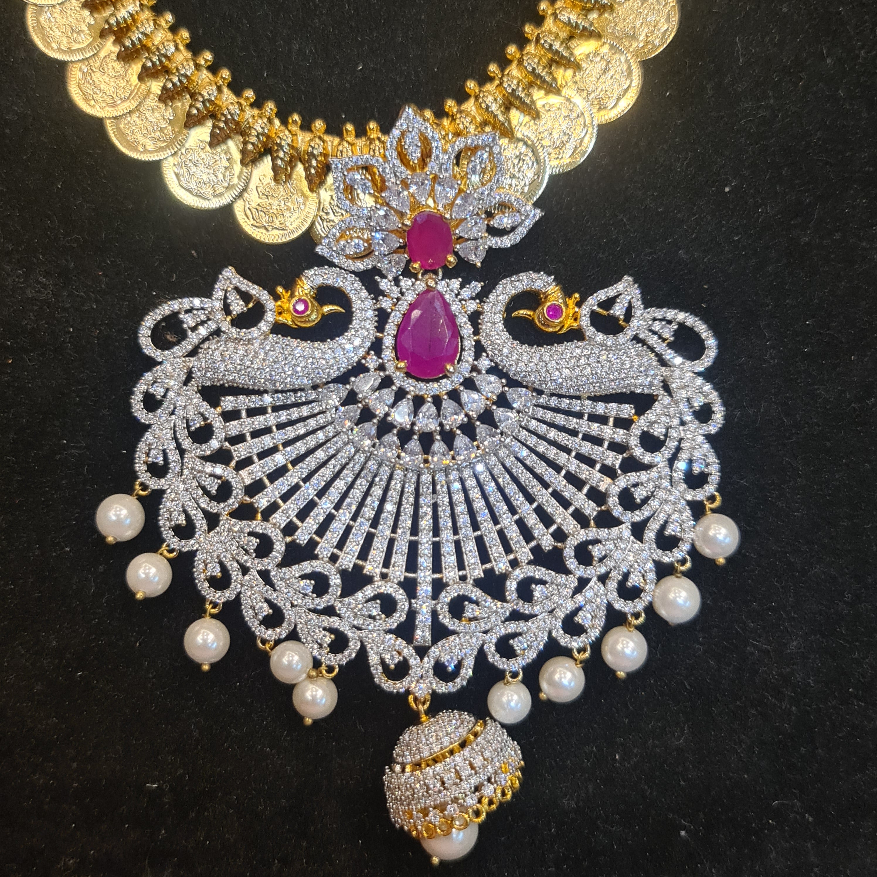 Diamond Peacock Pendant Gold Coin Chain Necklace - 30 Inches