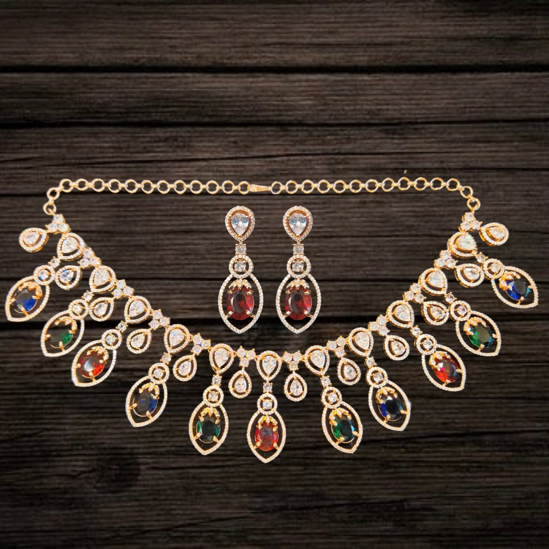 Trendy Rose Gold American Diamond Necklace Set with Colored Stones - Designer Jewelry