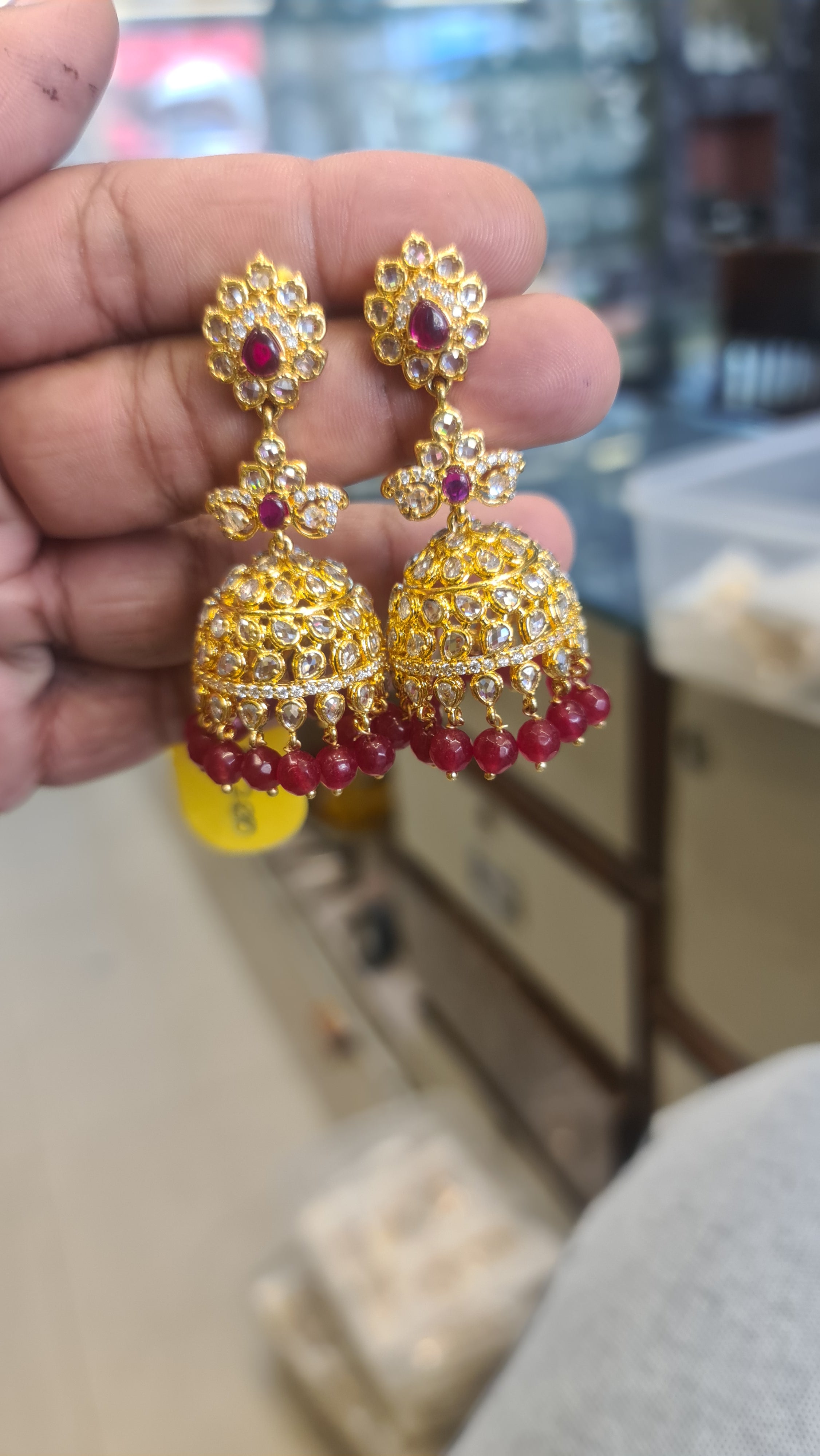 Gold Polki Dome Jhumka with Ruby Faceted Bead Drops