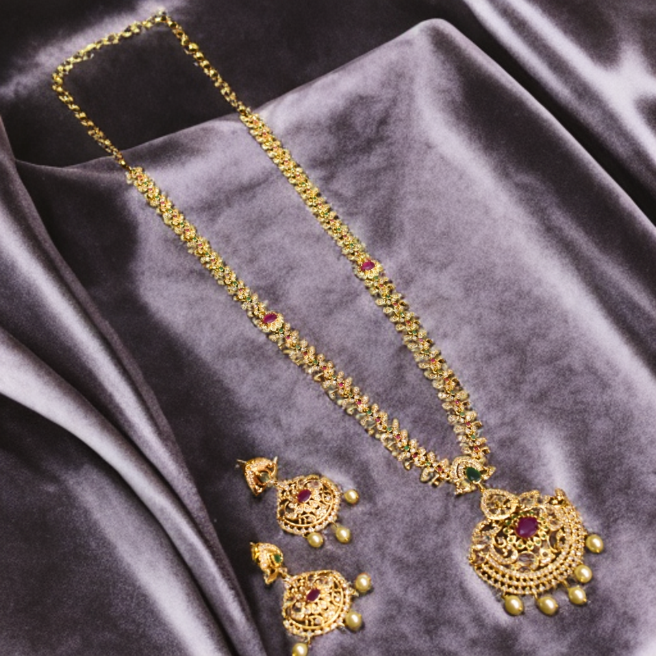 CZ Gold Plated Long Necklace Set - Elegant Wedding Jewelry with Pearls