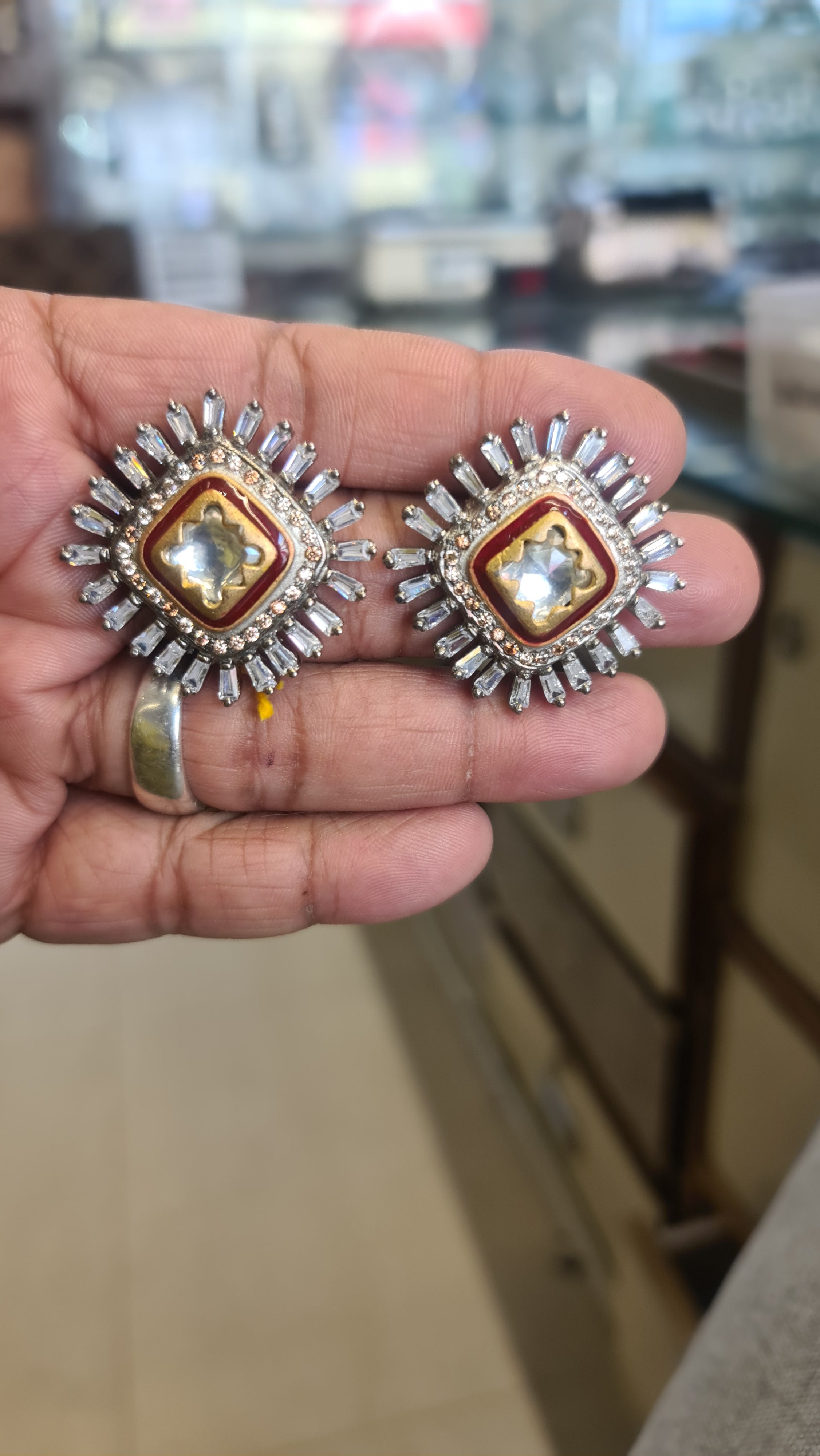 Kundan CZ Starburst Clip-On Stud Earrings – Polki Centre with Baguette Halo