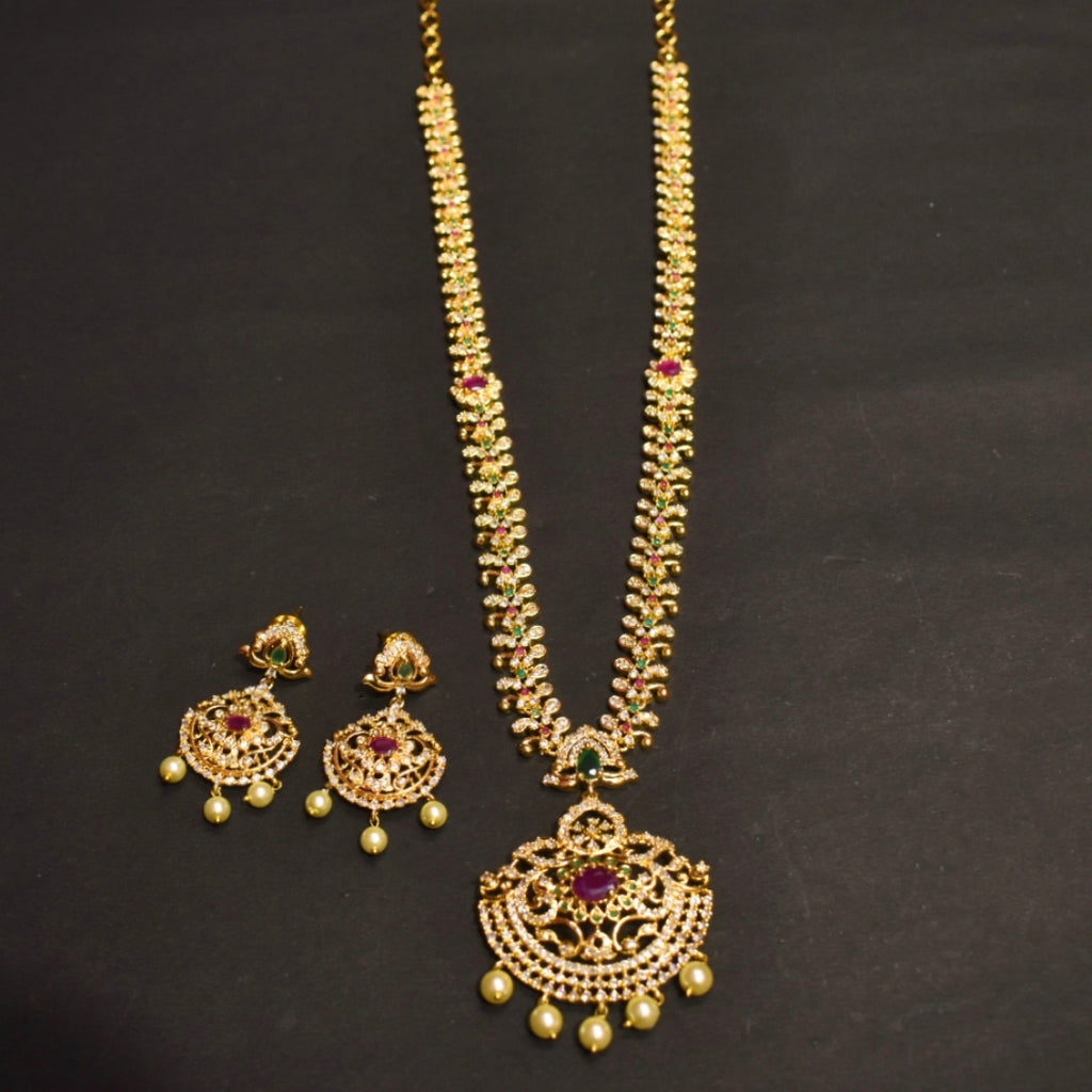 CZ Gold Plated Long Necklace Set - Elegant Wedding Jewelry with Pearls
